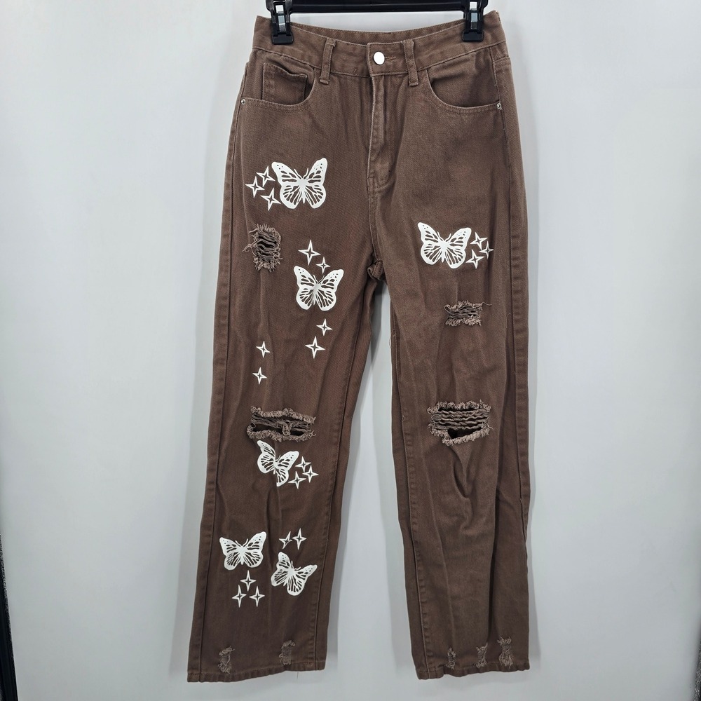 SHEIN Brown Butterfly Pants Womens 4 Print Distressed High Waisted Straight Leg
